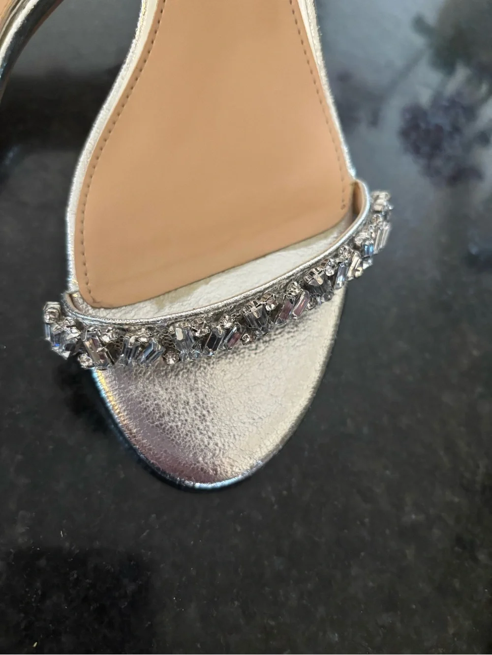 🩷Jewel Badgley Mischka Crystal-Embellished Ankle-Strap silver Heels~Size 10